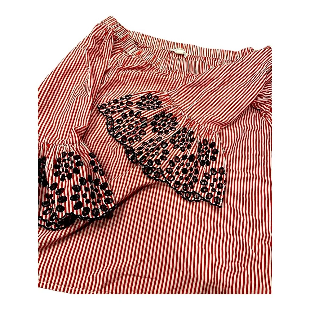 Beach Lunch Lounge Red White‎ Boho Striped Off Shoulder Top Medium